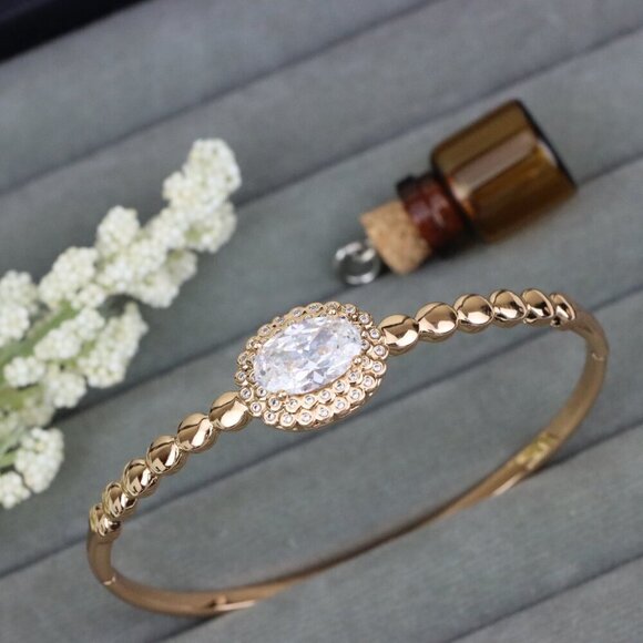 Rose Gold Bangle with Oval Center Stone and Beaded Design, XPBL0453 - Picture 1 of 11